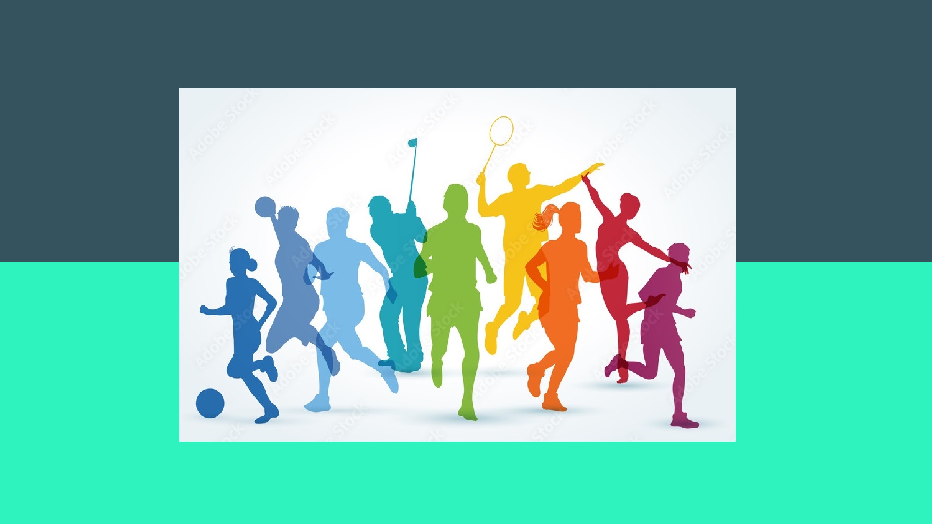 one image showing coloured silhouettes of a tennis player, a footballer, a golfer, a basketball player, and runners in action